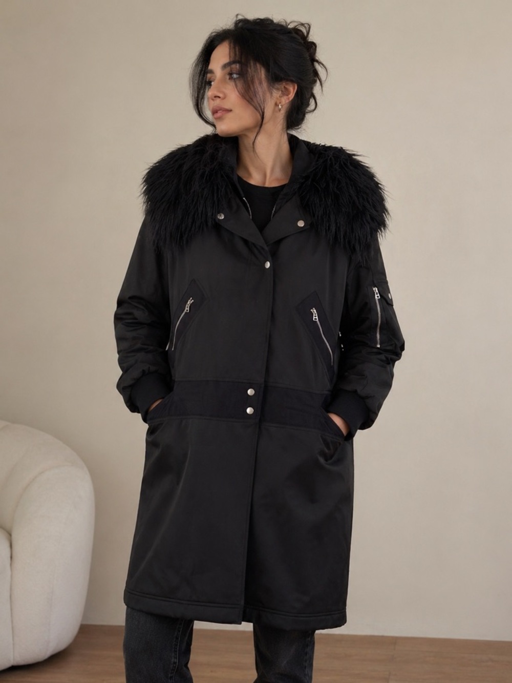 Faith Connexion Fur-Trim Long Parka Coat *Flawed*